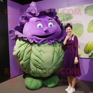 Purple Cabbage mascot costume character dressed with a Shift Dress and Earrings, Large