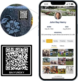 QR Memorial Webpage and QR Memorial Plaque for Cemetery Headstone Grave Marker, Sympathy Gifts for Loss of Loved One; Collect Memories, Photos, Messages from Family/Friends
