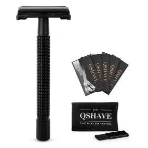 QSHAVE Double Edge 4 inch Long Handle Safety Razor for Men or Women Twist Butterfly Open Matte Black Steel Coating (1 Razor   5 pcs Titanium Coated Blades   Leather Travel Case)