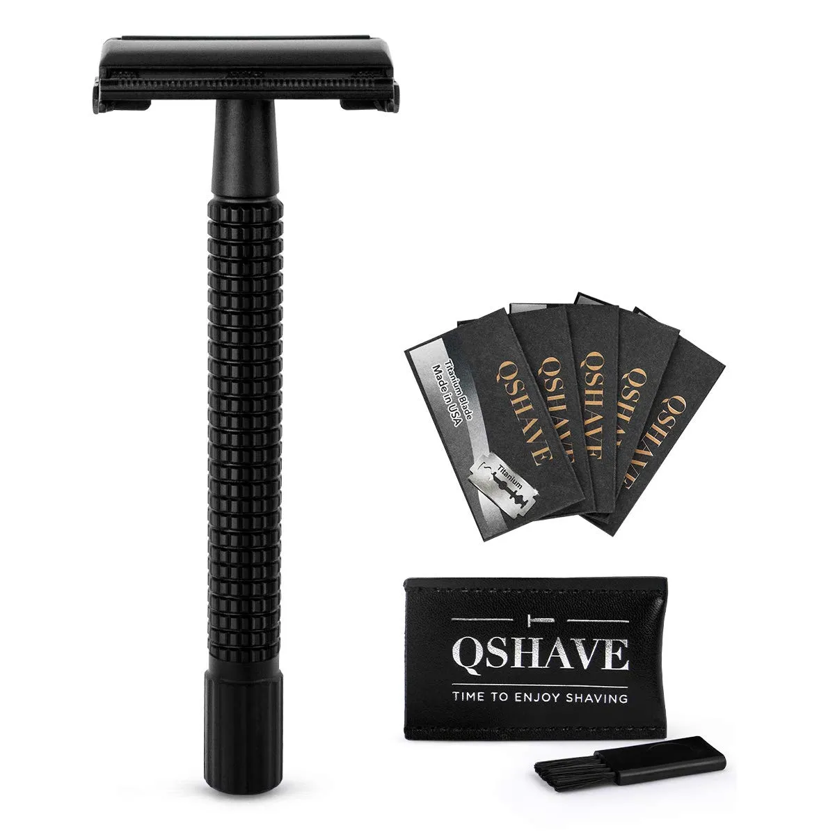 QSHAVE Double Edge 4 inch Long Handle Safety Razor for Men or Women Twist Butterfly Open Matte Black Steel Coating (1 Razor   5 pcs Titanium Coated Blades   Leather Travel Case)