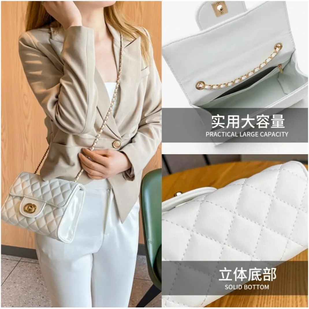 Quilted Shoulder Bag for Women, Ling grid chain crossbody bag with Chain Strap, Soft Vegan Leather Clutch Purse
