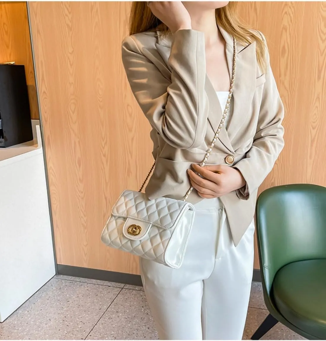 Quilted Shoulder Bag for Women, Ling grid chain crossbody bag with Chain Strap, Soft Vegan Leather Clutch Purse