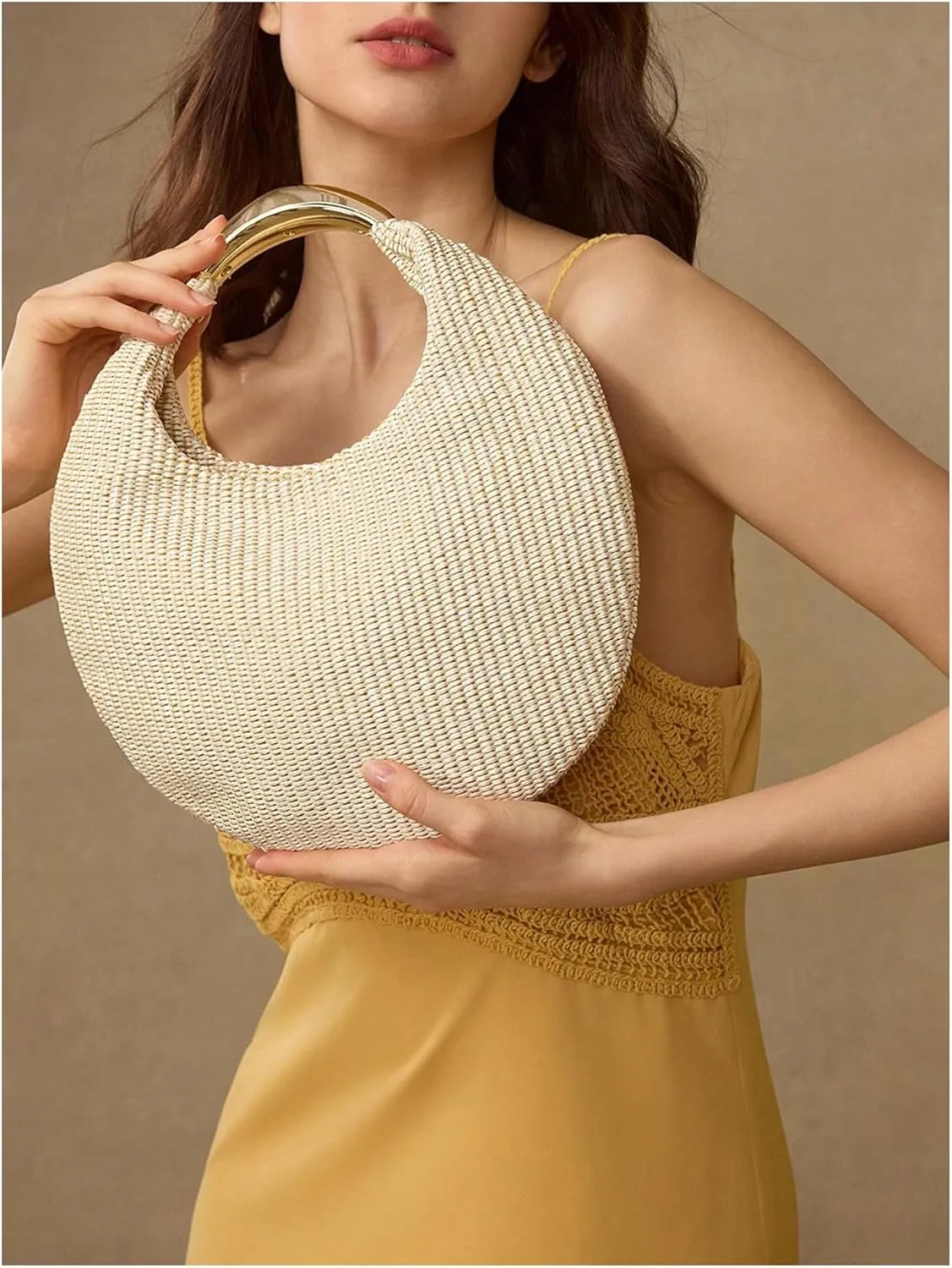 QWINEE Women's Woven Handbag Elegant Clutch Purse Metal Top Handle Cresent Evening Bag Retro PU Leather Clutch Purse