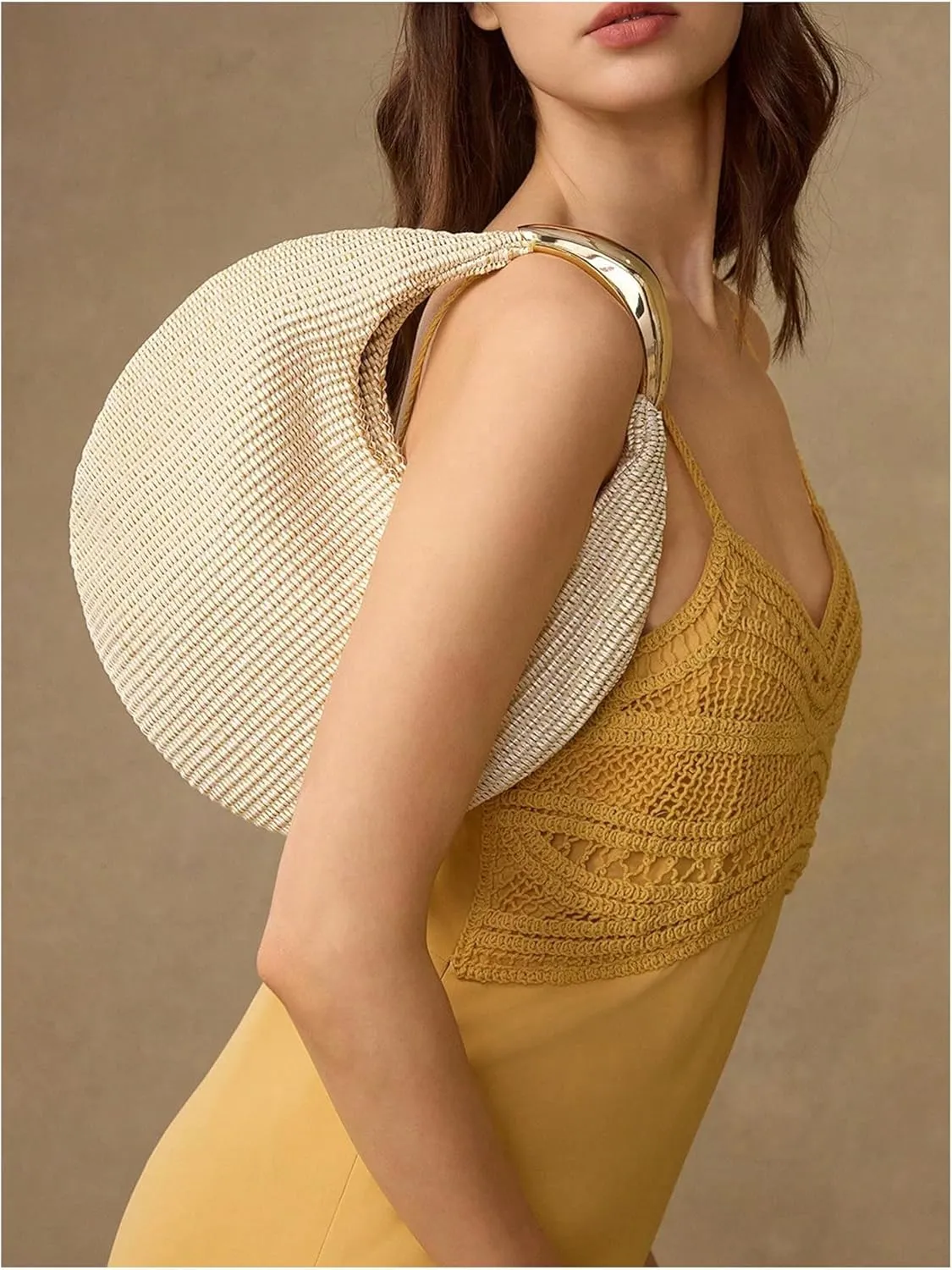 QWINEE Women's Woven Handbag Elegant Clutch Purse Metal Top Handle Cresent Evening Bag Retro PU Leather Clutch Purse