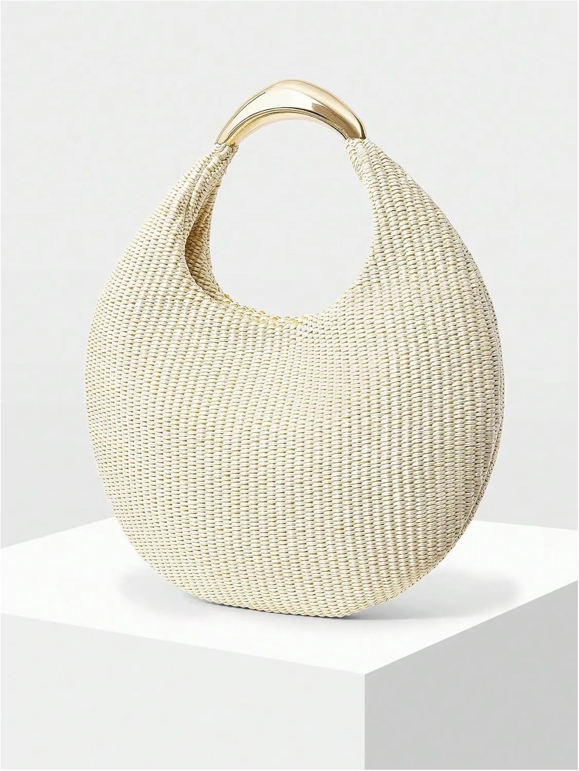 QWINEE Women's Woven Handbag Elegant Clutch Purse Metal Top Handle Cresent Evening Bag Retro PU Leather Clutch Purse
