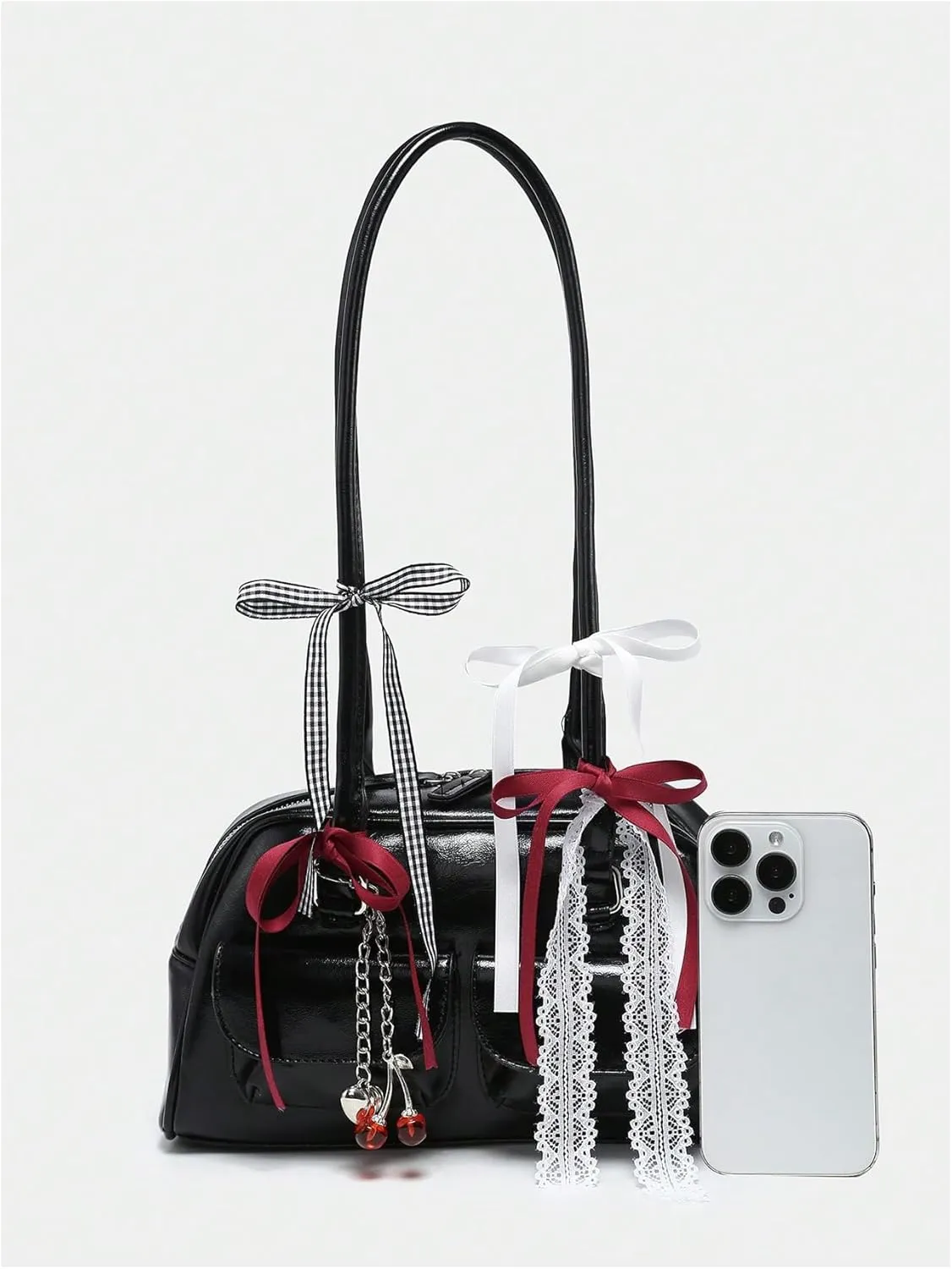 QWINEE Women's Y2K Bow Knot Shoulder Bag Zipper Double Handle Handbag PU Leather Underarm Purses