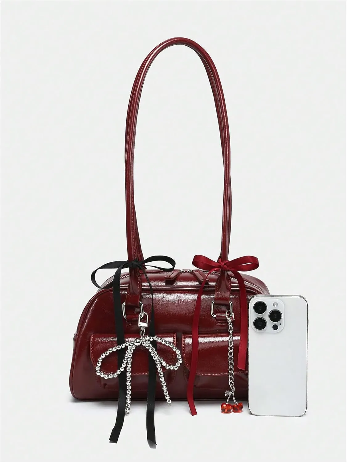 QWINEE Women's Y2K Bow Knot Shoulder Bag Zipper Double Handle Handbag PU Leather Underarm Purses