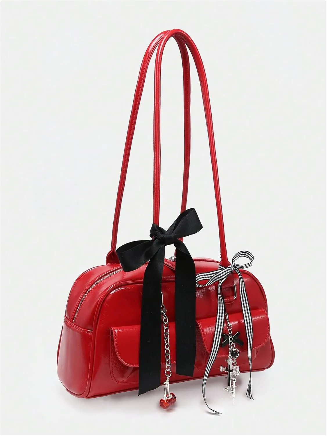 QWINEE Women's Y2K Bow Knot Shoulder Bag Zipper Double Handle Handbag PU Leather Underarm Purses