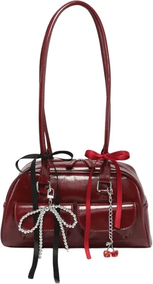 QWINEE Women's Y2K Bow Knot Shoulder Bag Zipper Double Handle Handbag PU Leather Underarm Purses