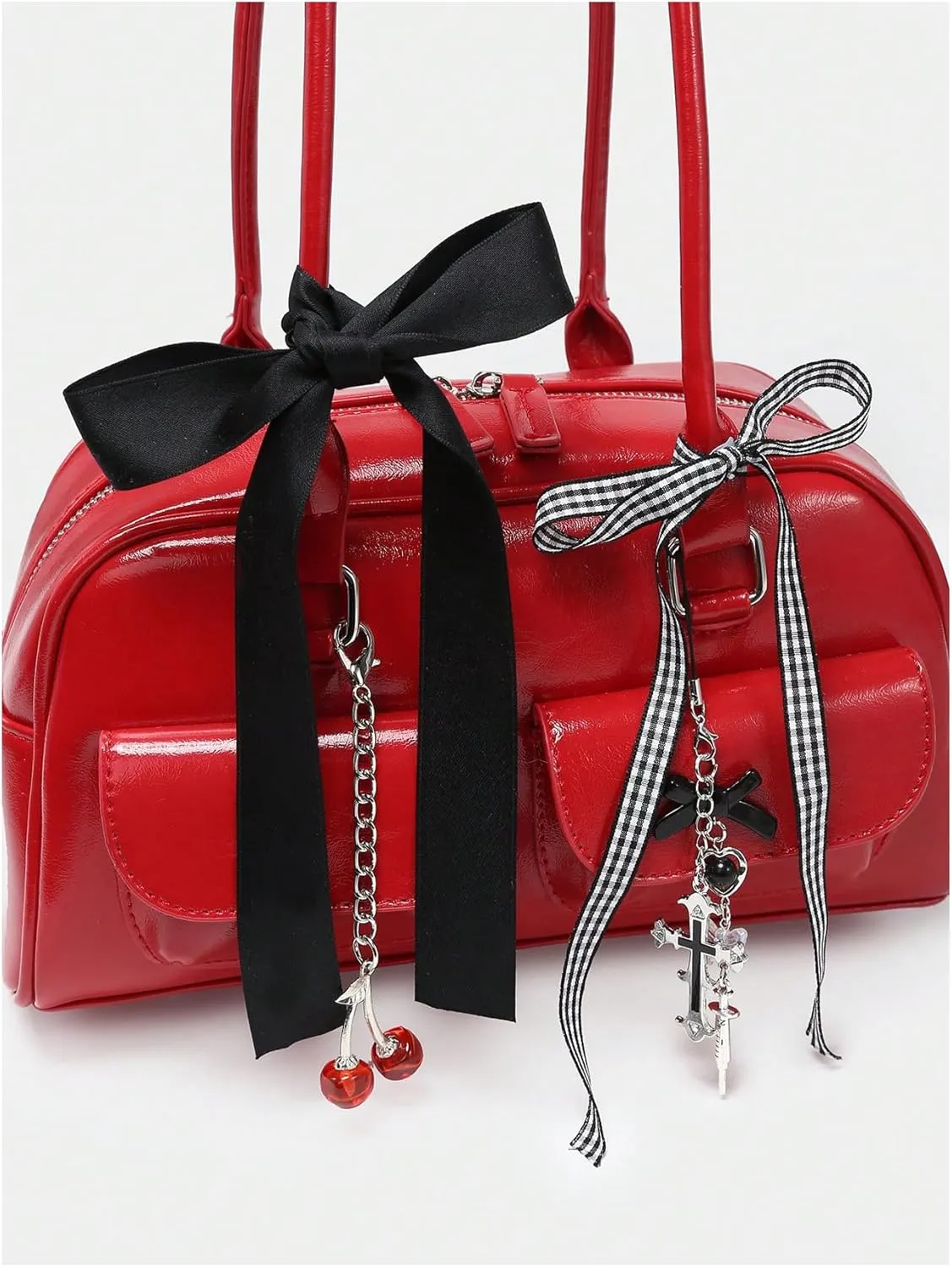QWINEE Women's Y2K Bow Knot Shoulder Bag Zipper Double Handle Handbag PU Leather Underarm Purses