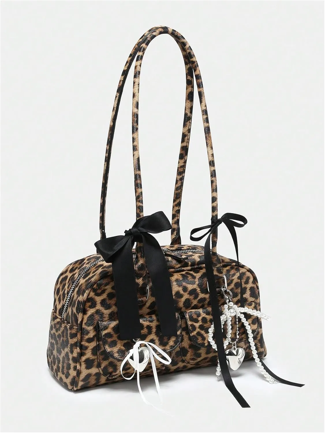 QWINEE Women's Y2K Bow Knot Shoulder Bag Zipper Double Handle Handbag PU Leather Underarm Purses