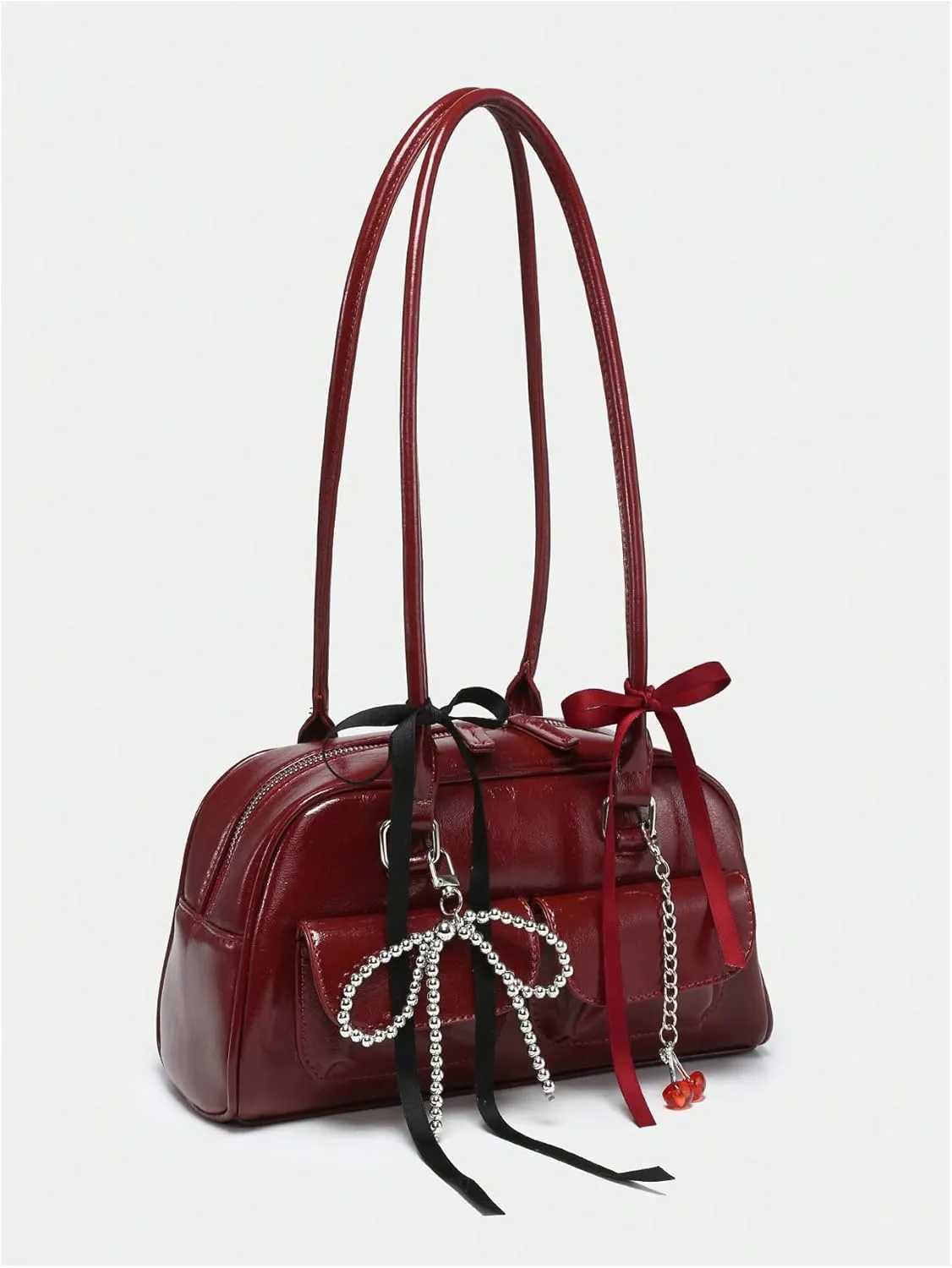 QWINEE Women's Y2K Bow Knot Shoulder Bag Zipper Double Handle Handbag PU Leather Underarm Purses