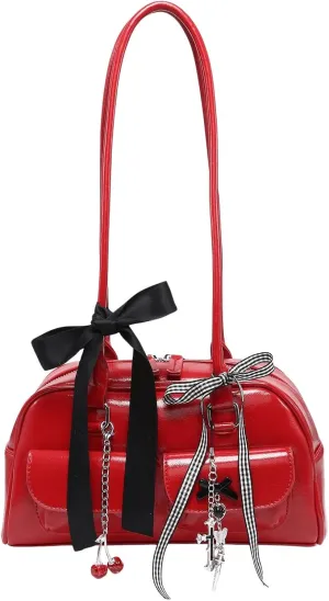 QWINEE Women's Y2K Bow Knot Shoulder Bag Zipper Double Handle Handbag PU Leather Underarm Purses