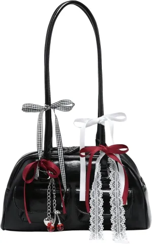 QWINEE Women's Y2K Bow Knot Shoulder Bag Zipper Double Handle Handbag PU Leather Underarm Purses