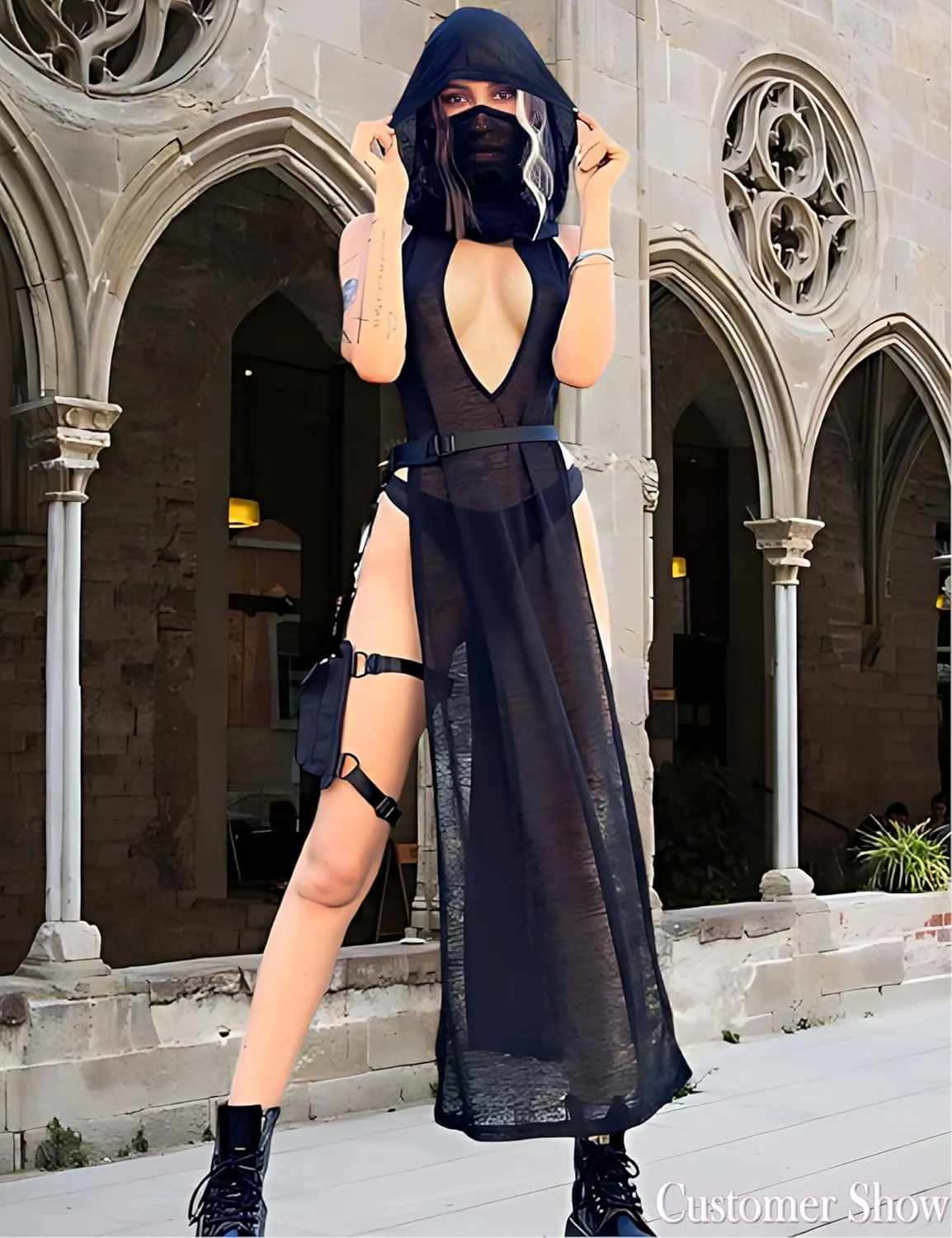 Rave Outfits for Women High Split Slim Hooded Black Knit Dress Cover Ups Streetwear
