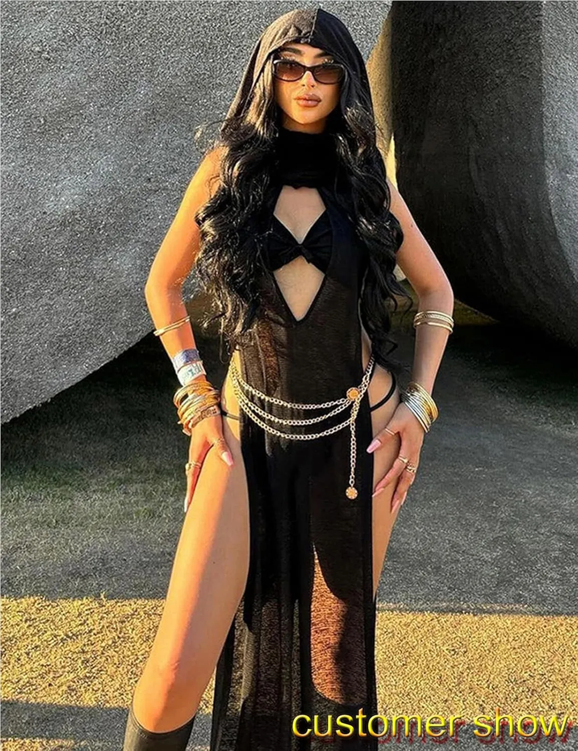 Rave Outfits for Women High Split Slim Hooded Black Knit Dress Cover Ups Streetwear