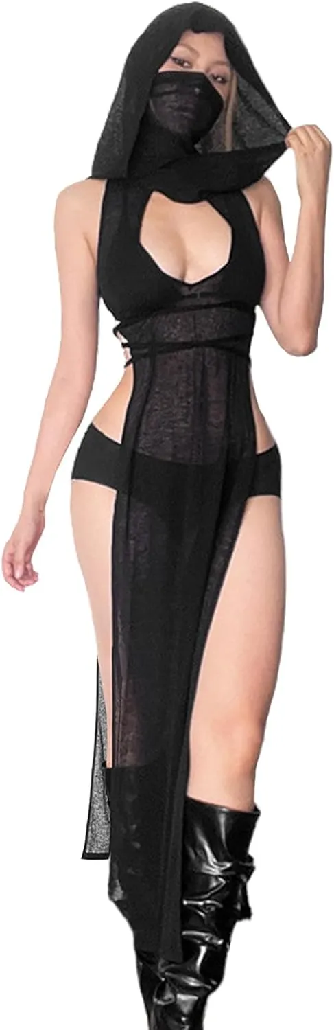 Rave Outfits for Women High Split Slim Hooded Black Knit Dress Cover Ups Streetwear