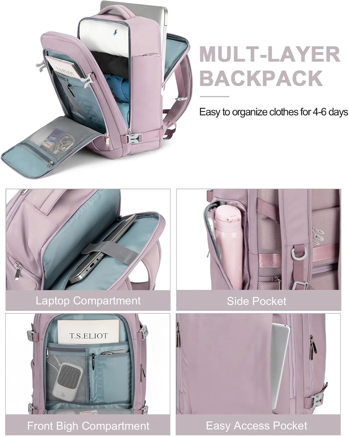 RDTGO Travel Backpack For Women, 40L Carry-On Backpack, Airline Approved Personal Item Bag, Waterproof Laptop Backpack with Large Duffel, Casual Daypack for Buisness Gym Weekend Hiking (Pink)