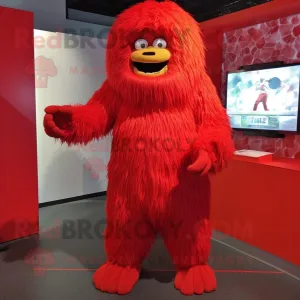 Red Yeti mascot costume character dressed with a Wrap Dress and Foot pads