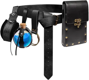 Renaissance Belt Pouch Coin Purse Potion Bottle Skirt Hike Set Medieval Festival Costume Accessories for Halloween (Black)