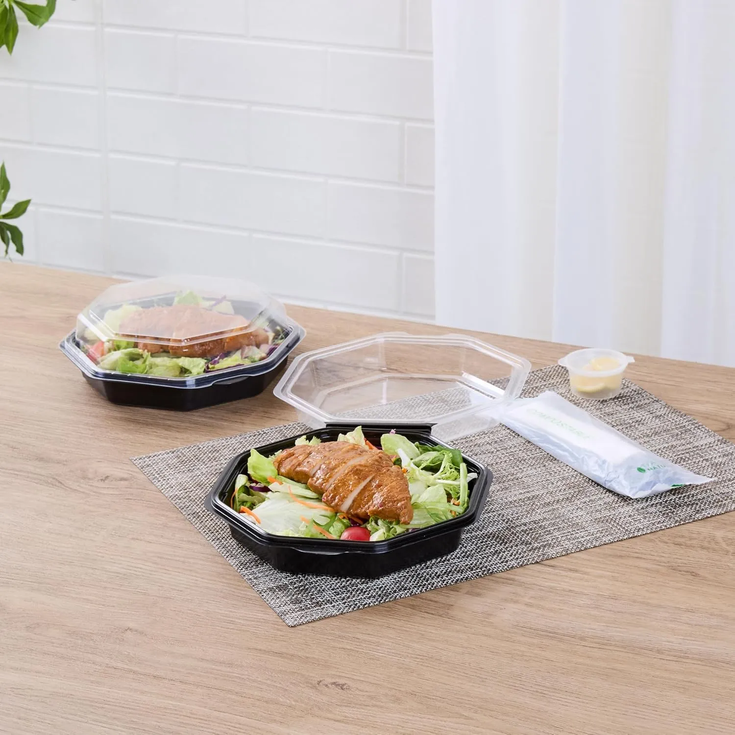 Restaurantware-RW Base 7.4 x 7.4 x 2.3 Inch Food Containers, 100 Octagon Disposable Salad Containers - Durable, With Clear Lid, Black Plastic Food Containers, For Appetizers, For Cafes