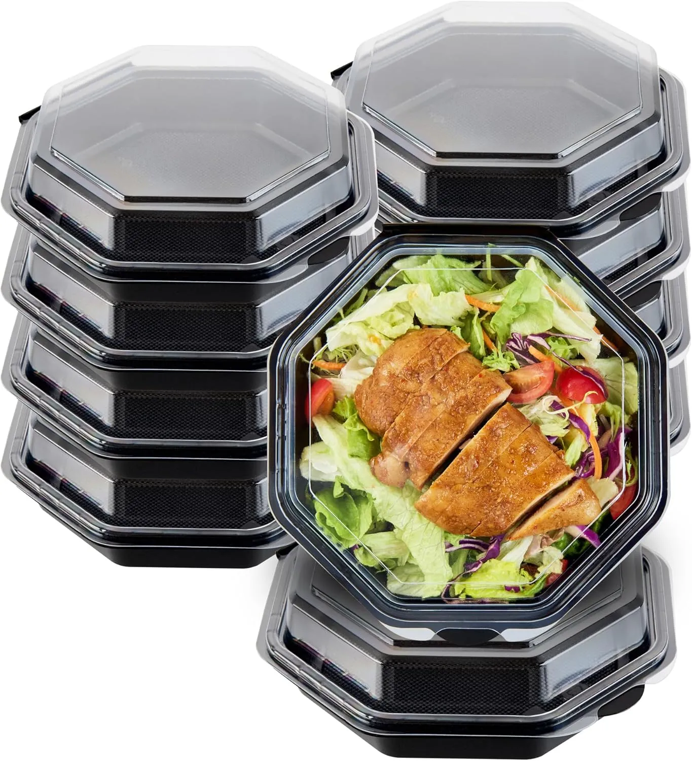 Restaurantware-RW Base 7.4 x 7.4 x 2.3 Inch Food Containers, 100 Octagon Disposable Salad Containers - Durable, With Clear Lid, Black Plastic Food Containers, For Appetizers, For Cafes