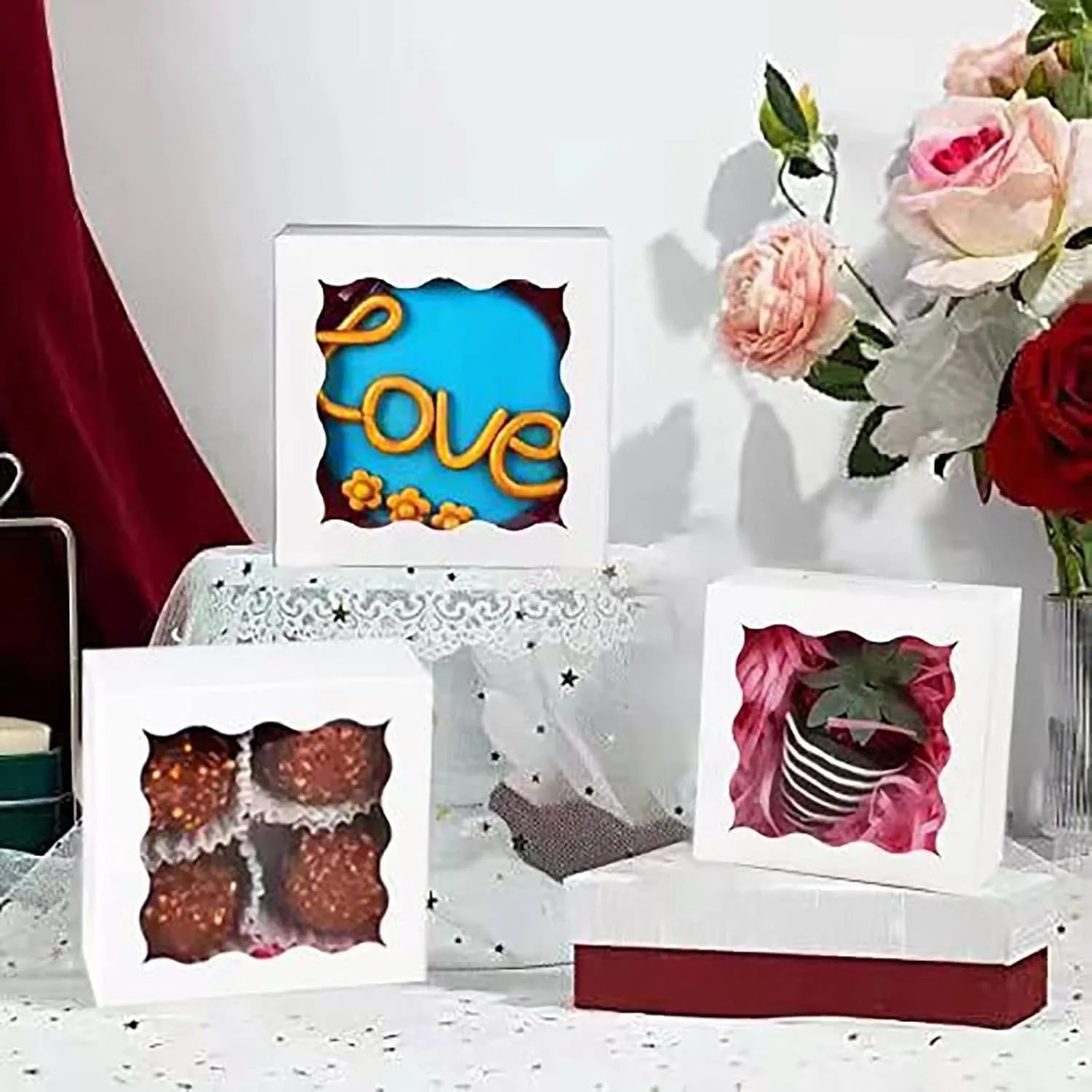 RomanticBaking 3 ¼" x 3 ¼" x 1 ½" 50PCS Chocolate Truffle Boxes for 4，Cookies Boxes Soap Boxes Donut Boxes Macaron Boxes Mini Bakery Boxes with Window Brownie Boxes
