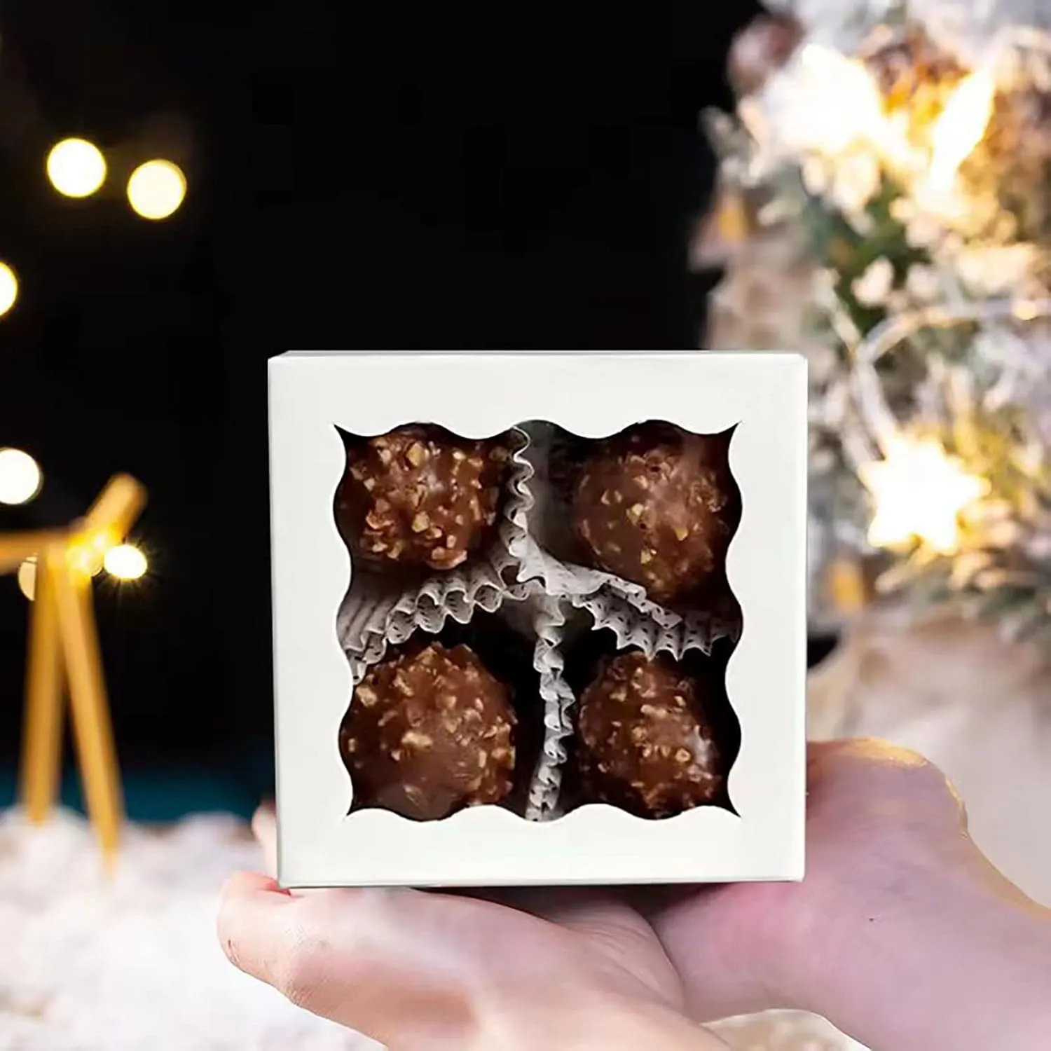 RomanticBaking 3 ¼" x 3 ¼" x 1 ½" 50PCS Chocolate Truffle Boxes for 4，Cookies Boxes Soap Boxes Donut Boxes Macaron Boxes Mini Bakery Boxes with Window Brownie Boxes