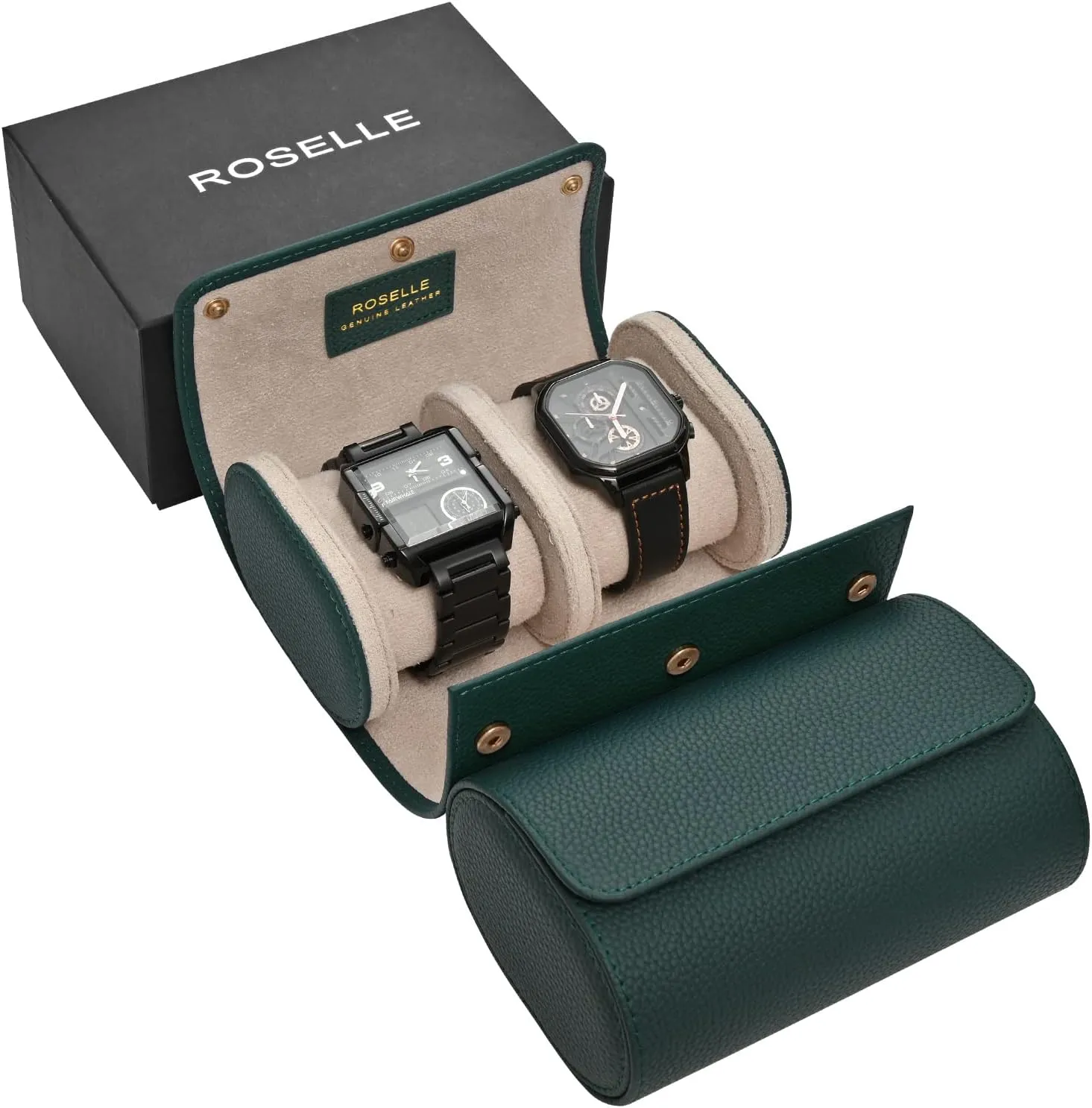 ROSELLE Genuine Leather Watch Roll Travel Case - Watch Roll Case For 2 Watches With Luxury Lining - Protect, Travel,Store, Display Fine Watches (2 slot Green-Genuine Leather)