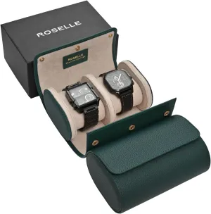 ROSELLE Genuine Leather Watch Roll Travel Case - Watch Roll Case For 2 Watches With Luxury Lining - Protect, Travel,Store, Display Fine Watches (2 slot Green-Genuine Leather)