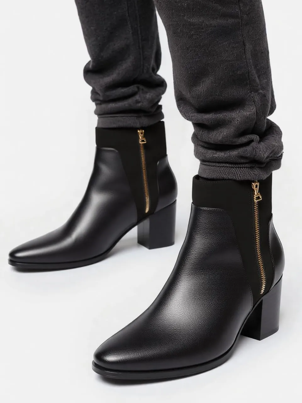 Rui Landed Ankle Boot for Men Heeled High Top Chelsea Boots Slip On Style Genuine Leather Dual Side Zipper Taller Shoes Splicing Collar Easy Care Mens Heeled Boots