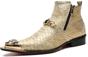 Rui Landed High Top Genuine Leather Faux Snakeskin Print Metal Tip Flat Mens Ankle Boots with Dual Zipper (Color : Beige, Size : 8 M US)