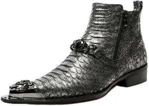 Rui Landed High Top Genuine Leather Faux Snakeskin Print Metal Tip Flat Mens Ankle Boots with Dual Zipper (Color : Black, Size : 10.5 M US)