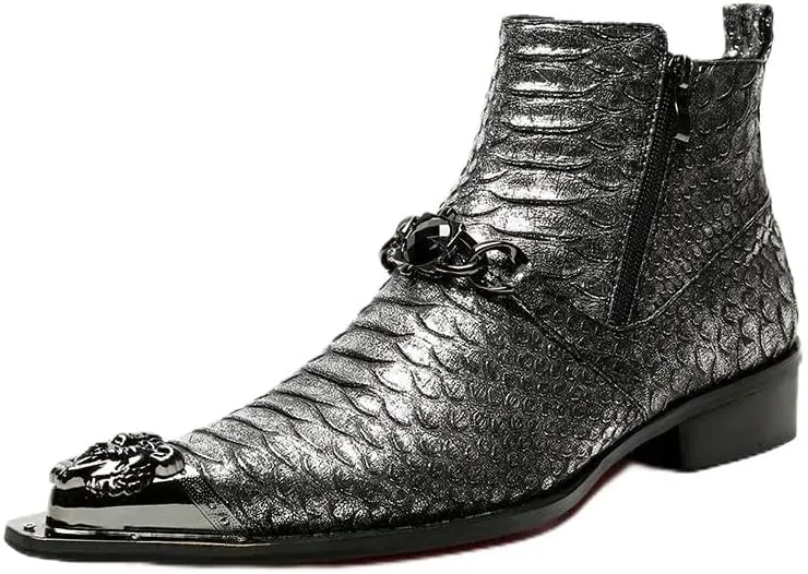 Rui Landed High Top Genuine Leather Faux Snakeskin Print Metal Tip Flat Mens Ankle Boots with Dual Zipper (Color : Black, Size : 10.5 M US)
