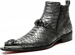 Rui Landed High Top Genuine Leather Faux Snakeskin Print Metal Tip Flat Mens Ankle Boots with Dual Zipper (Color : Black, Size : 6 M US)