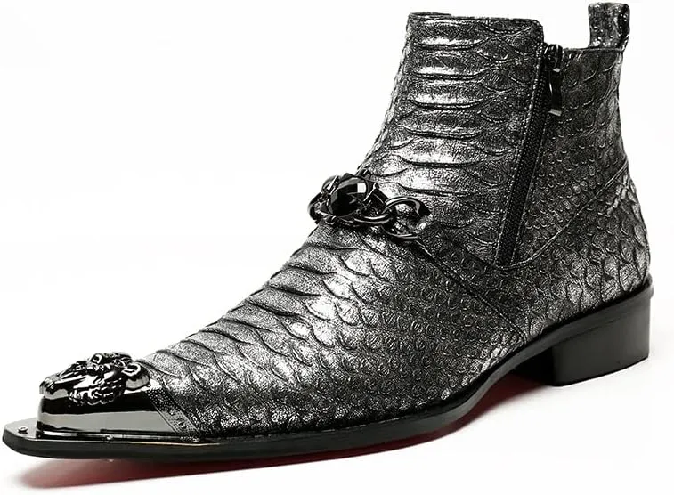 Rui Landed High Top Genuine Leather Faux Snakeskin Print Metal Tip Flat Mens Ankle Boots with Dual Zipper (Color : Black, Size : 8 M US)