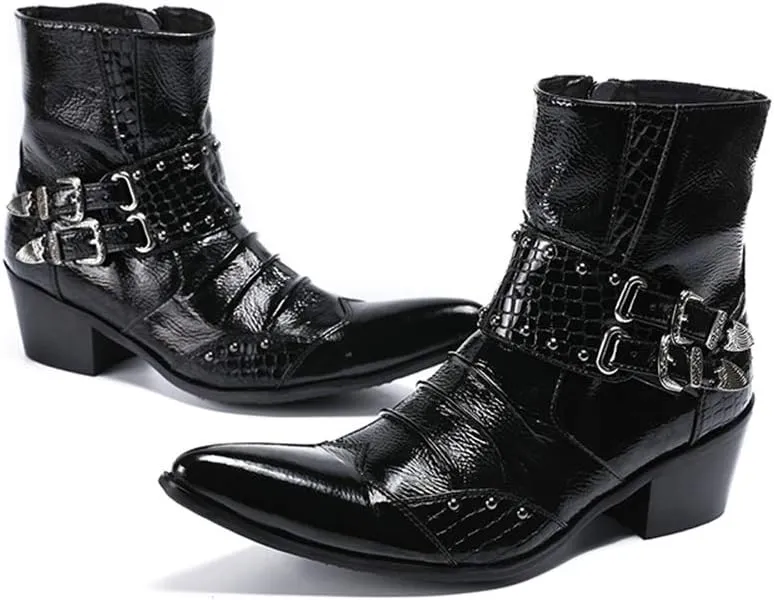 Rui Landed Men's Fashion Ankle Boot Casual Genuine Leather Crocodile Stitching Rivets And Buckles High Top Boot