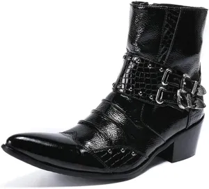 Rui Landed Men's Fashion Ankle Boot Casual Genuine Leather Crocodile Stitching Rivets And Buckles High Top Boot