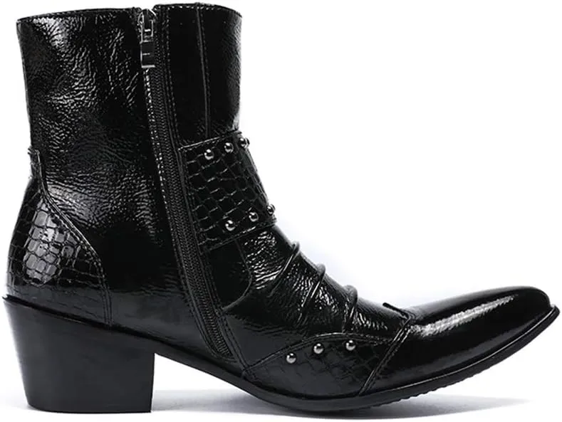 Rui Landed Men's Fashion Ankle Boot Casual Genuine Leather Crocodile Stitching Rivets And Buckles High Top Boot