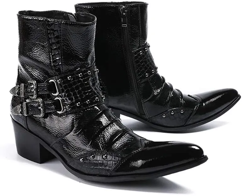 Rui Landed Men's Fashion Ankle Boot Casual Genuine Leather Crocodile Stitching Rivets And Buckles High Top Boot