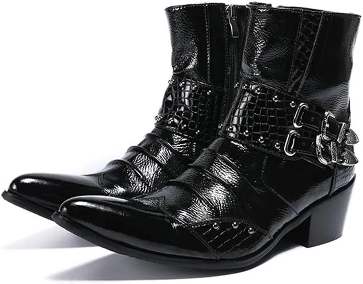 Rui Landed Men's Fashion Ankle Boot Casual Genuine Leather Crocodile Stitching Rivets And Buckles High Top Boot