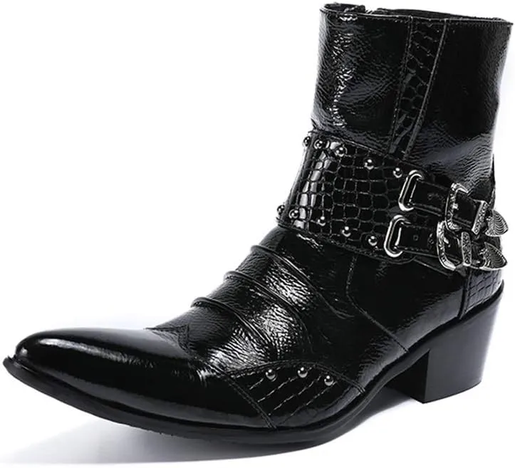 Rui Landed Men's Fashion Ankle Boot Casual Genuine Leather Crocodile Stitching Rivets And Buckles High Top Boot
