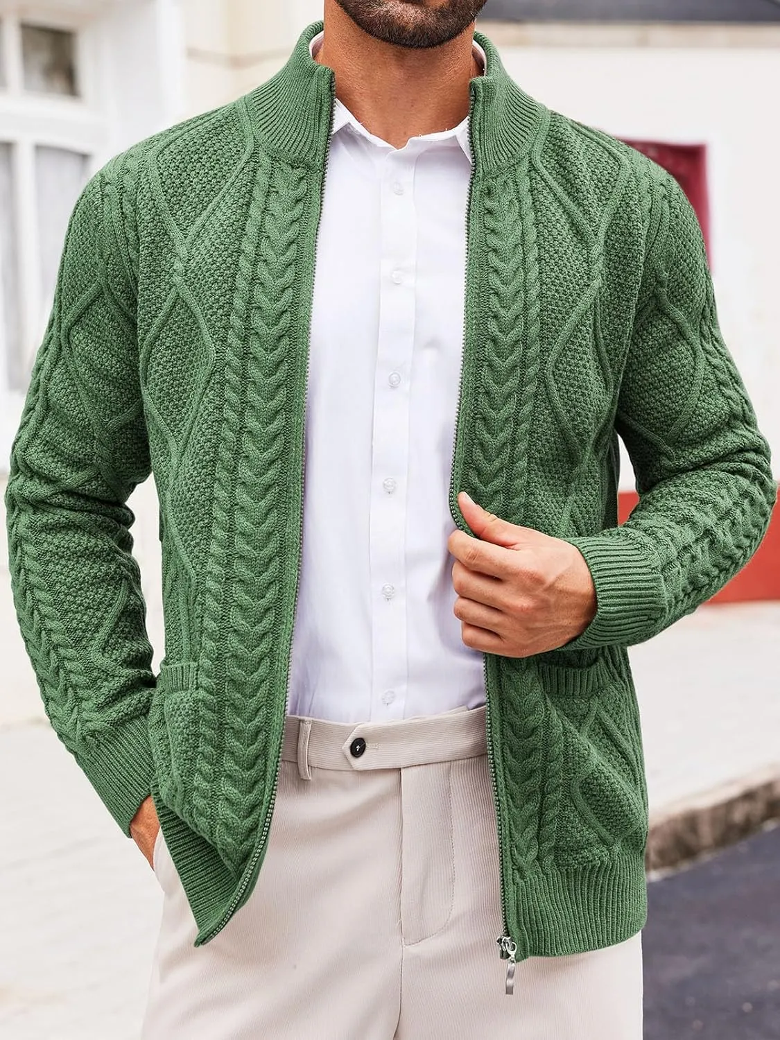 Runcati Mens Full Zip Cardigan Sweater Casual Cable Knitted Mock Neck Ribbed Winter Sweaters