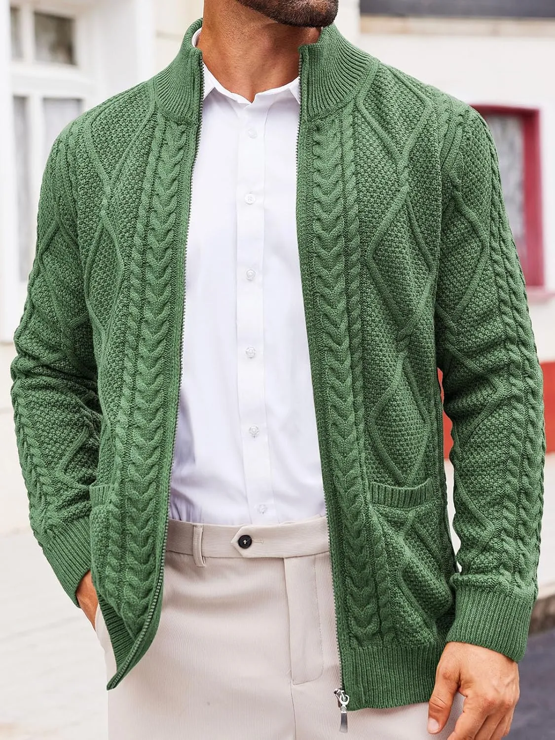 Runcati Mens Full Zip Cardigan Sweater Casual Cable Knitted Mock Neck Ribbed Winter Sweaters