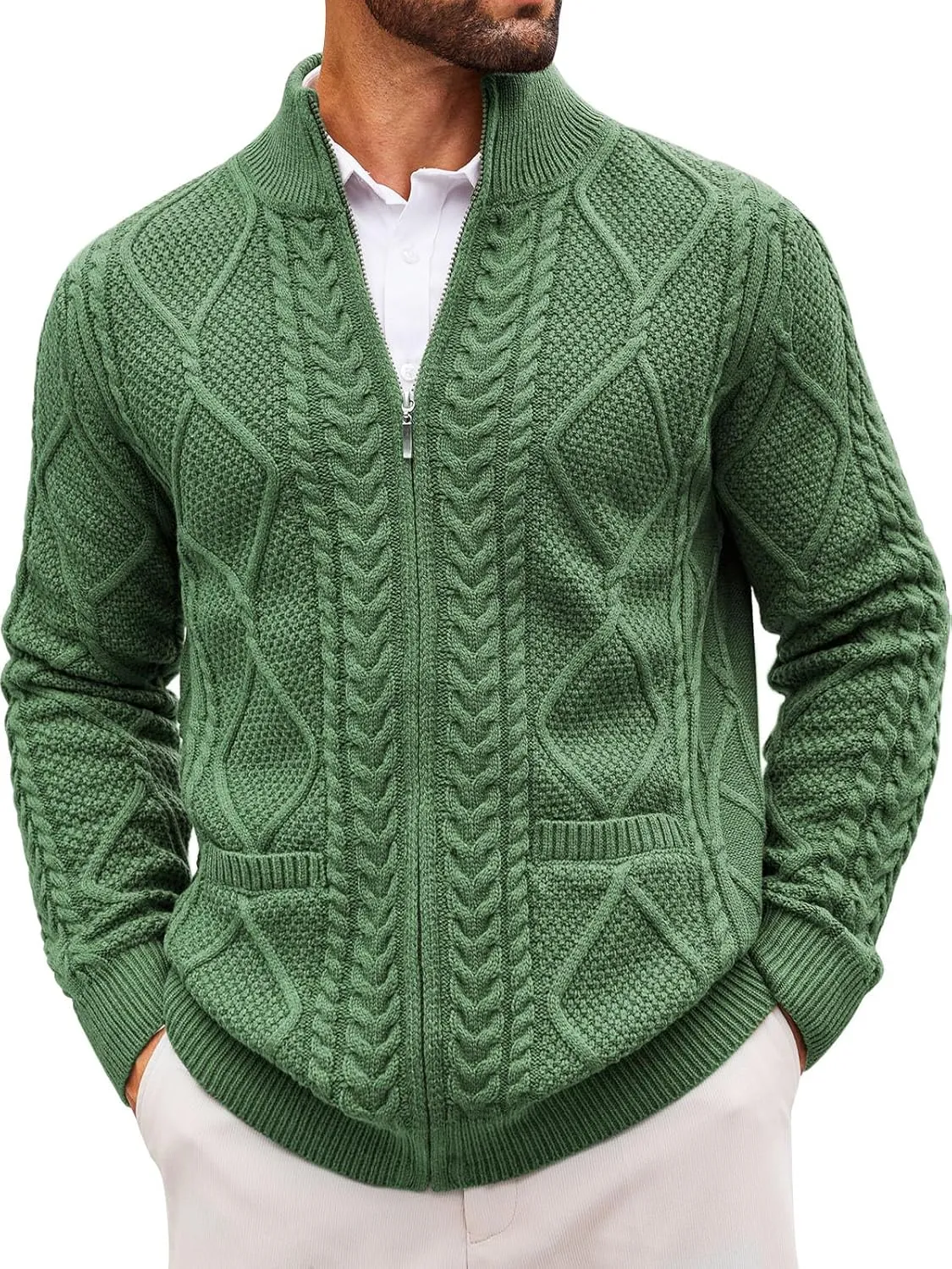 Runcati Mens Full Zip Cardigan Sweater Casual Cable Knitted Mock Neck Ribbed Winter Sweaters