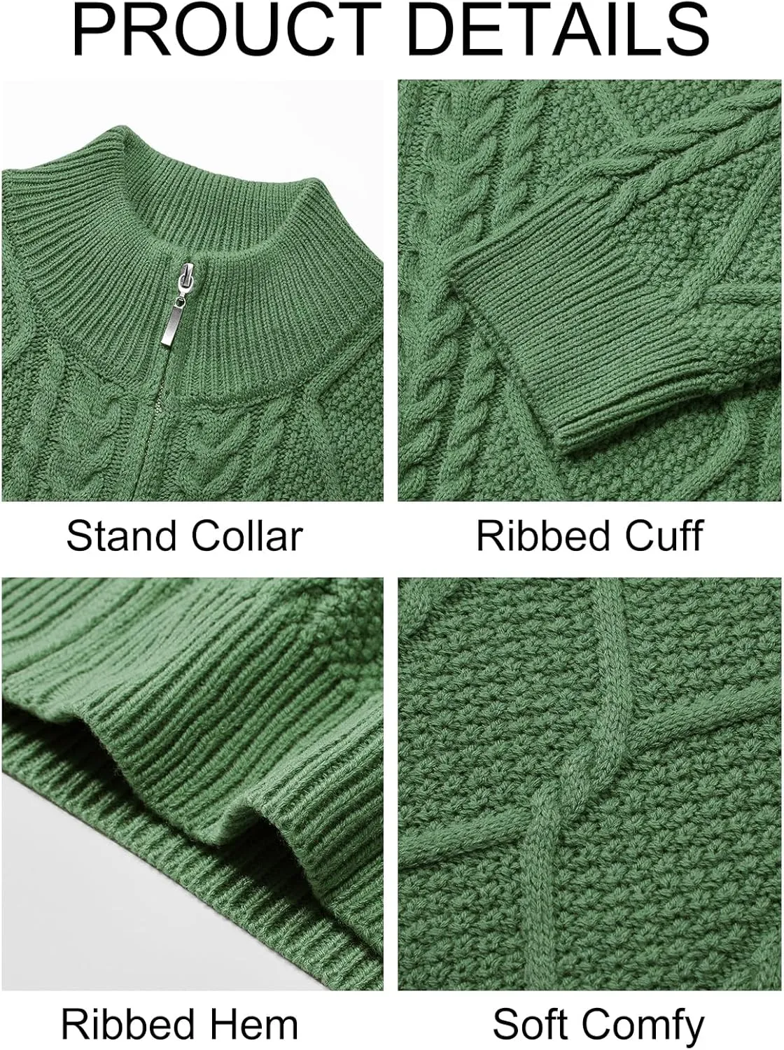 Runcati Mens Full Zip Cardigan Sweater Casual Cable Knitted Mock Neck Ribbed Winter Sweaters