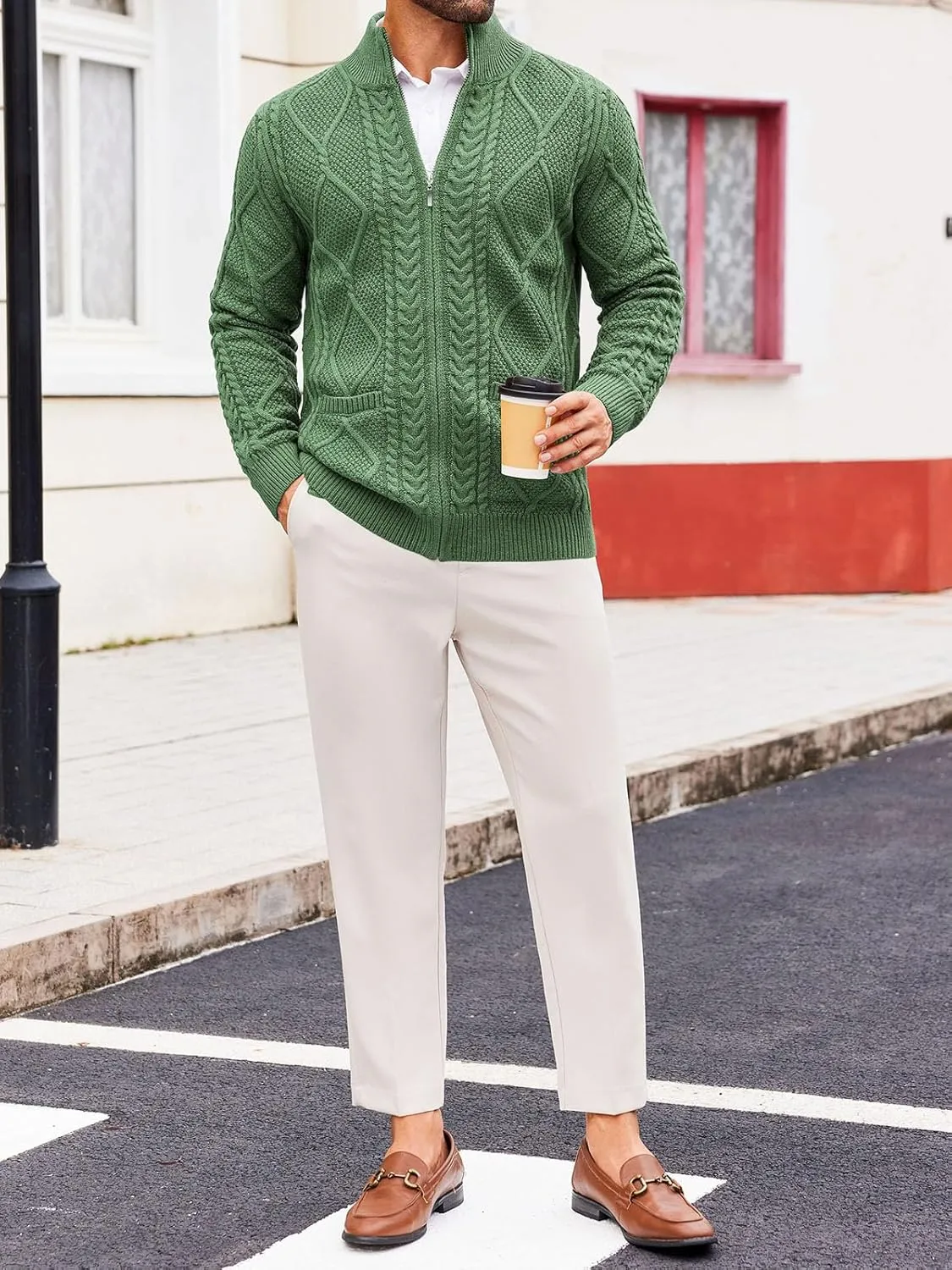 Runcati Mens Full Zip Cardigan Sweater Casual Cable Knitted Mock Neck Ribbed Winter Sweaters