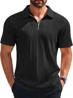 Runcati Mens Quarter Zip Polo Shirts Knit Textured Casual Short Sleeve Shirt Lightweight Golf Tops