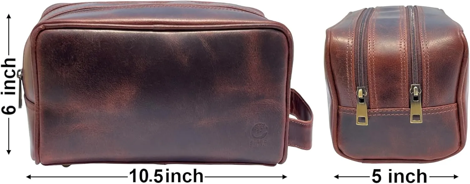 RUSTIC TOWN Leather Toiletry Bag for Men - Travel Shaving Dopp Kit - Bathroom Shower Toiletries Organizer - Leather Cosmetic Bag for Women (Walnut Brown)