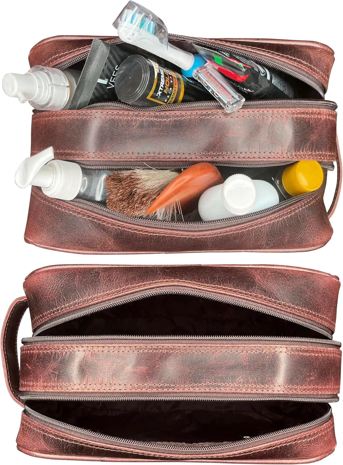 RUSTIC TOWN Leather Toiletry Bag for Men - Travel Shaving Dopp Kit - Bathroom Shower Toiletries Organizer - Leather Cosmetic Bag for Women (Walnut Brown)